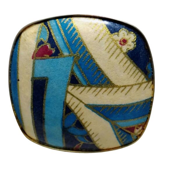 1990s Abstract Graphic Design Square Enamel Brooch Encased in Metal Vintage - Picture 2 of 4